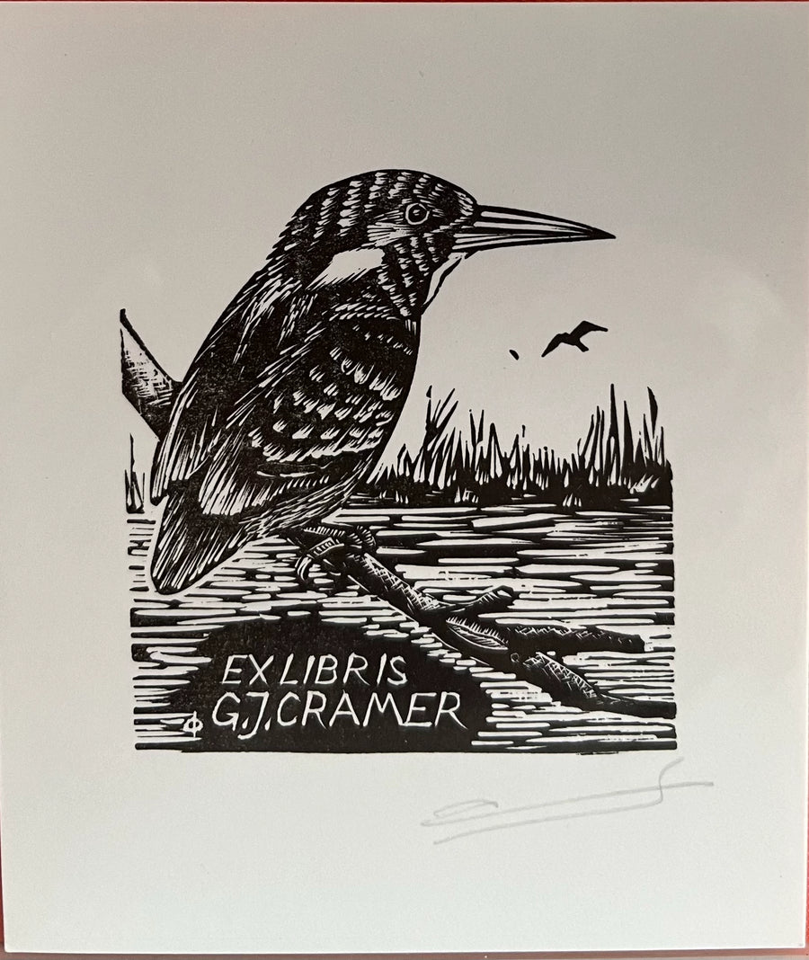 Kingfisher Ex-Libris Woodcut Print, 7.5 × 8.9 cm