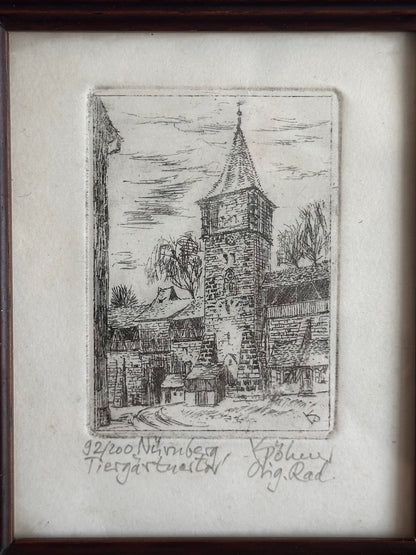Karl Pöhner – Nuremberg Tiergärtnertor – Framed Etching – actual item photograph 2