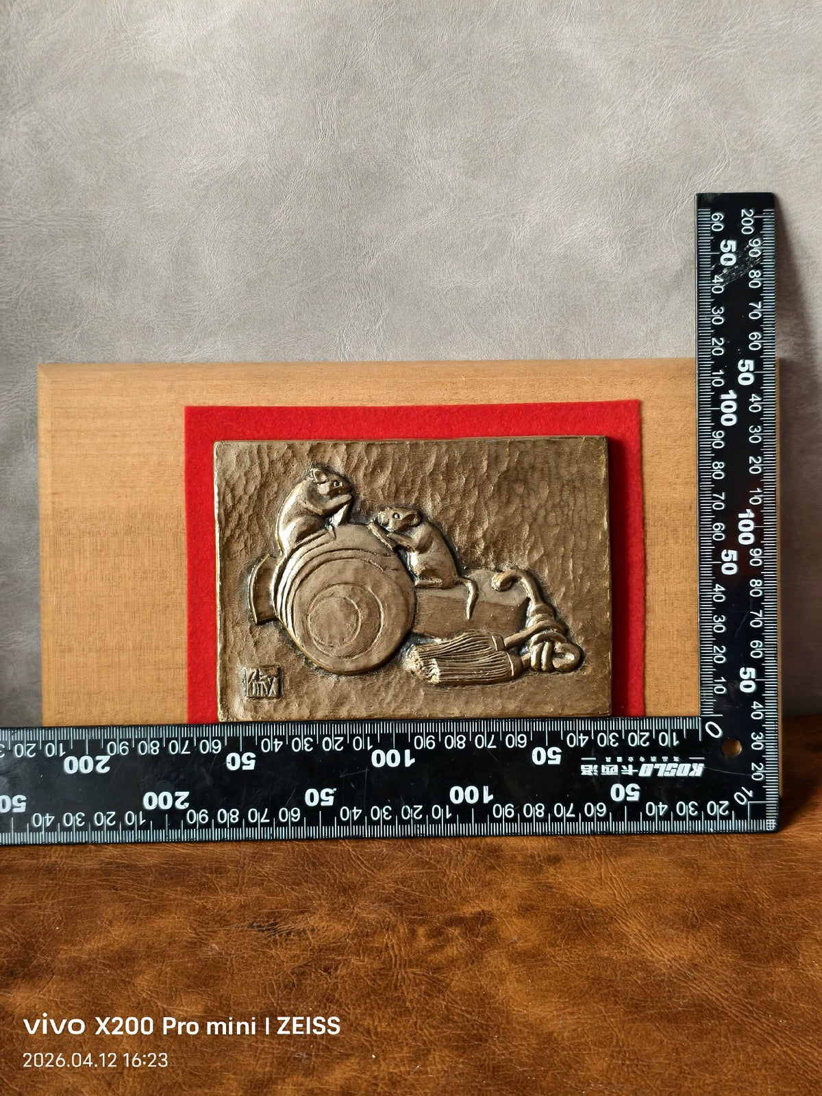 Japanese Metal Relief Plaque – Drummer Figure on Wooden Mount