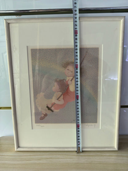 Children on a Swing – Signed Framed Japanese Print 229/250 – detail 5