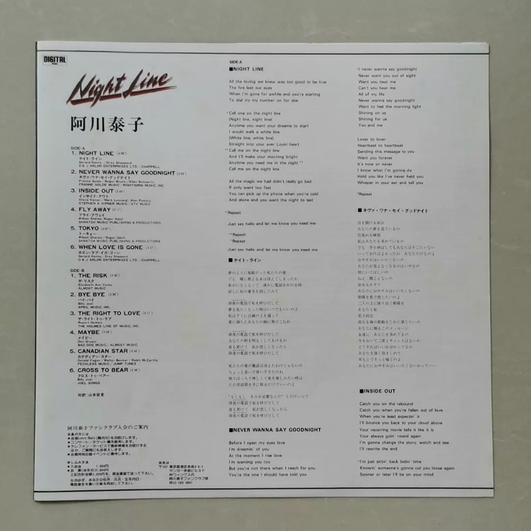 Yasuko Agawa – Night Line – 1983 Japanese First Press Vinyl (LP)
