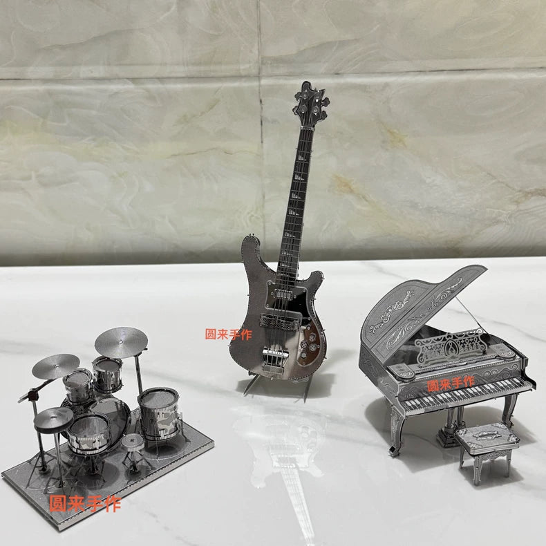 Metal Instrument Miniatures — Piano, Guitar and Drums Set