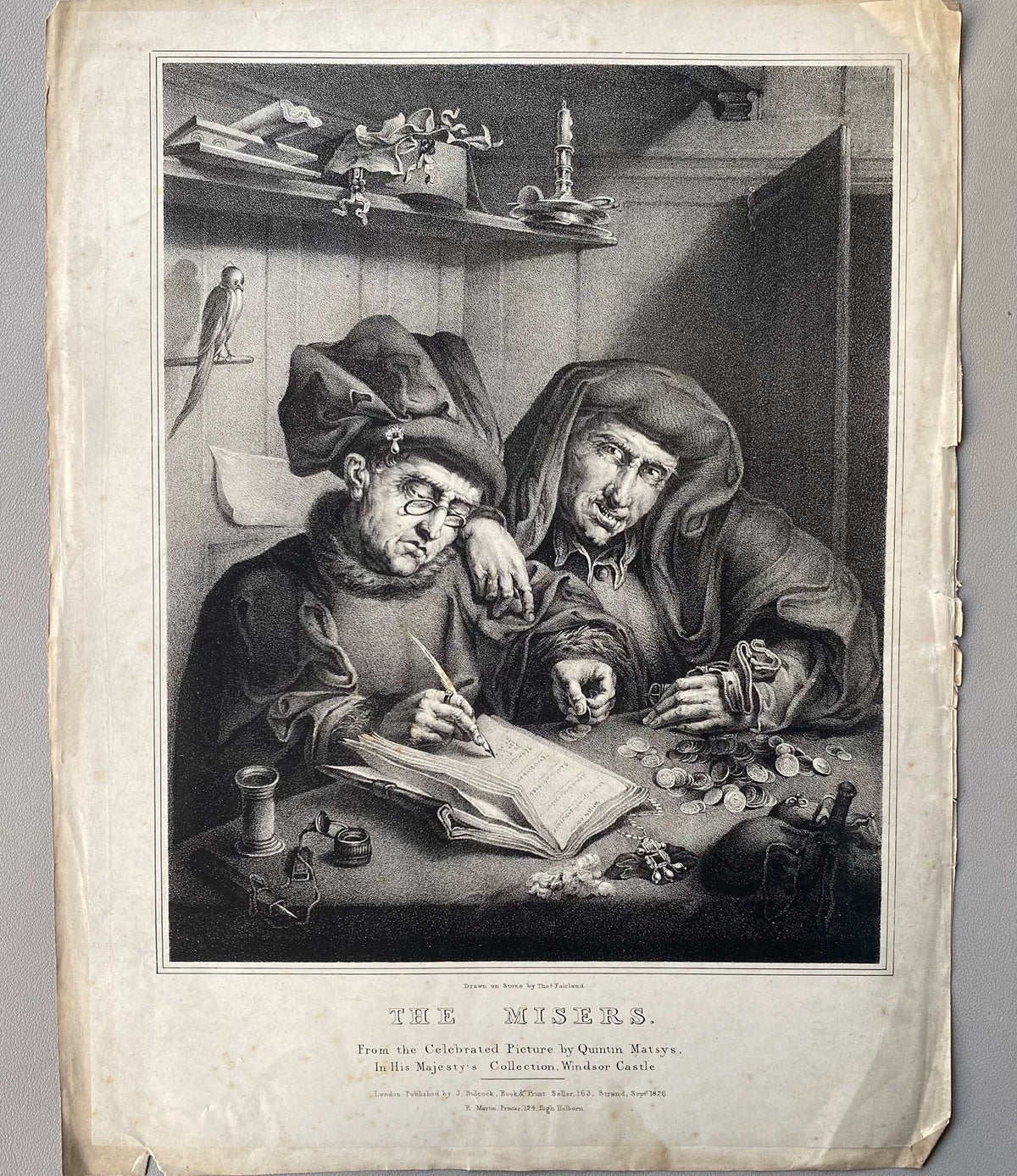 The Misers – Antique Lithographic Print after Quentin Matsys – actual item photograph