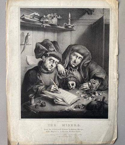 The Misers – Antique Lithographic Print after Quentin Matsys – actual item photograph