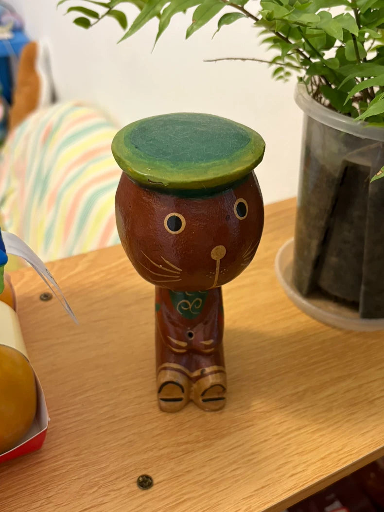 Hand-Painted Wooden Cat Figurine with Green Hat