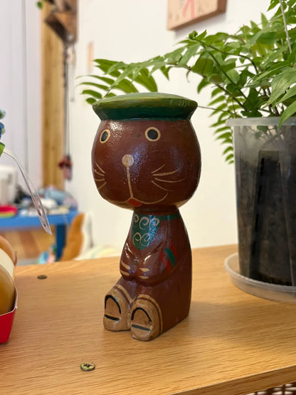 Hand-Painted Wooden Cat Figurine with Green Hat