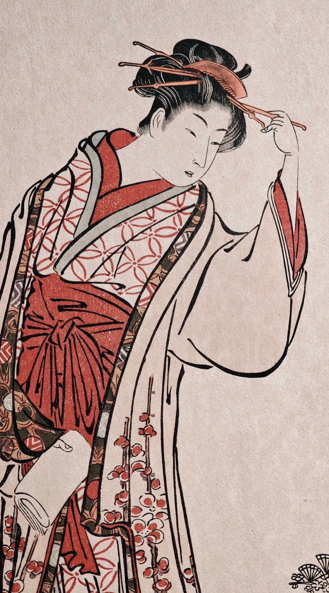 Torii Kiyonaga – Ichikawa Monnosuke and Girls – 1948 Woodblock Reproduction – detail 8