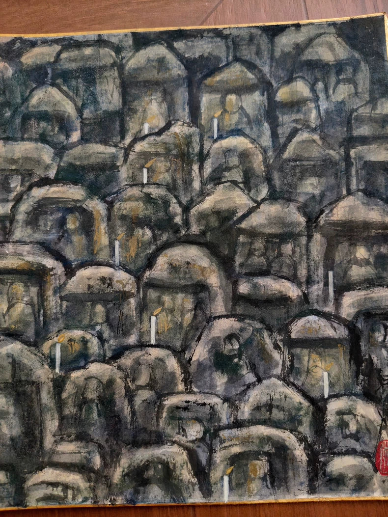 Original Cave Buddha Group Ink Painting on Card – 24 × 27 cm