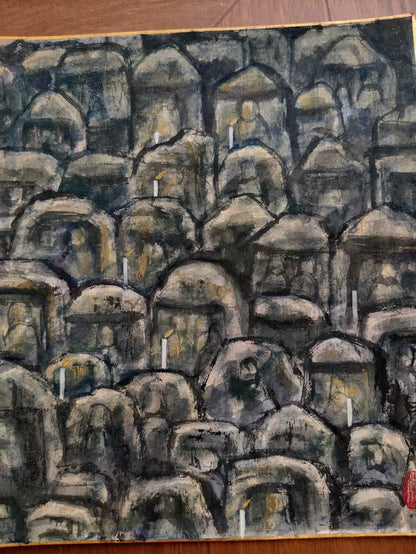 Original Cave Buddha Group Ink Painting on Card – 24 × 27 cm