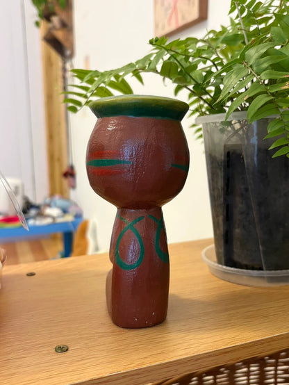 Hand-Painted Wooden Cat Figurine with Green Hat