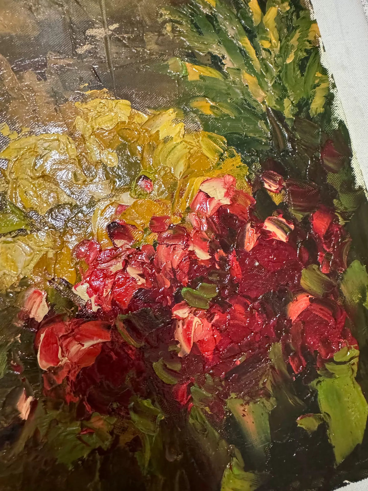 Flower-Lined Village Lane – Unframed Oil Painting