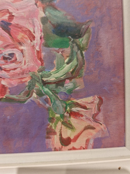 Pink Roses – Framed Oil Painting, Hiramatsu Inscription