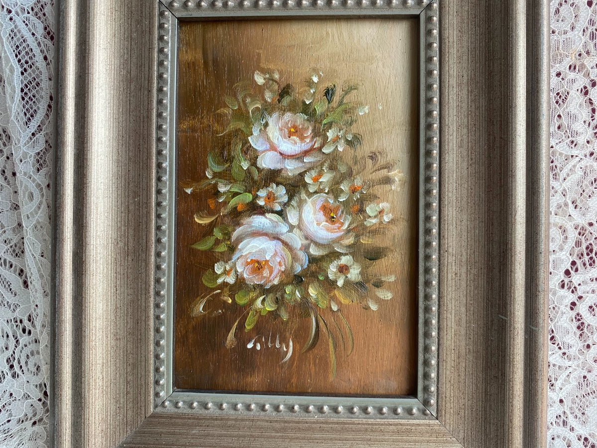 White Rose Bouquet – Framed Wood-Panel Painting