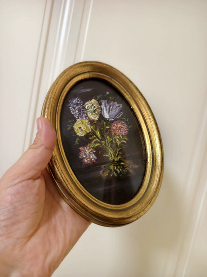 Oval Floral Painting – Small Gold-Tone Frame