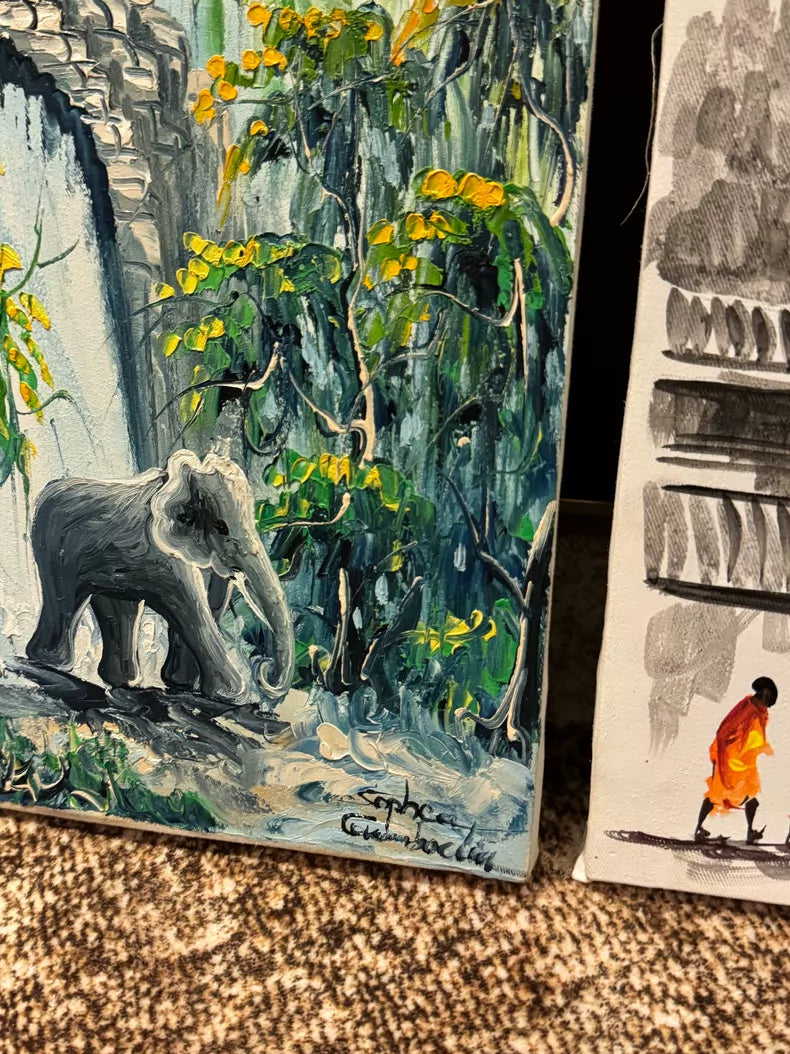Signed Angkor Temple Landscape Painting Diptych
