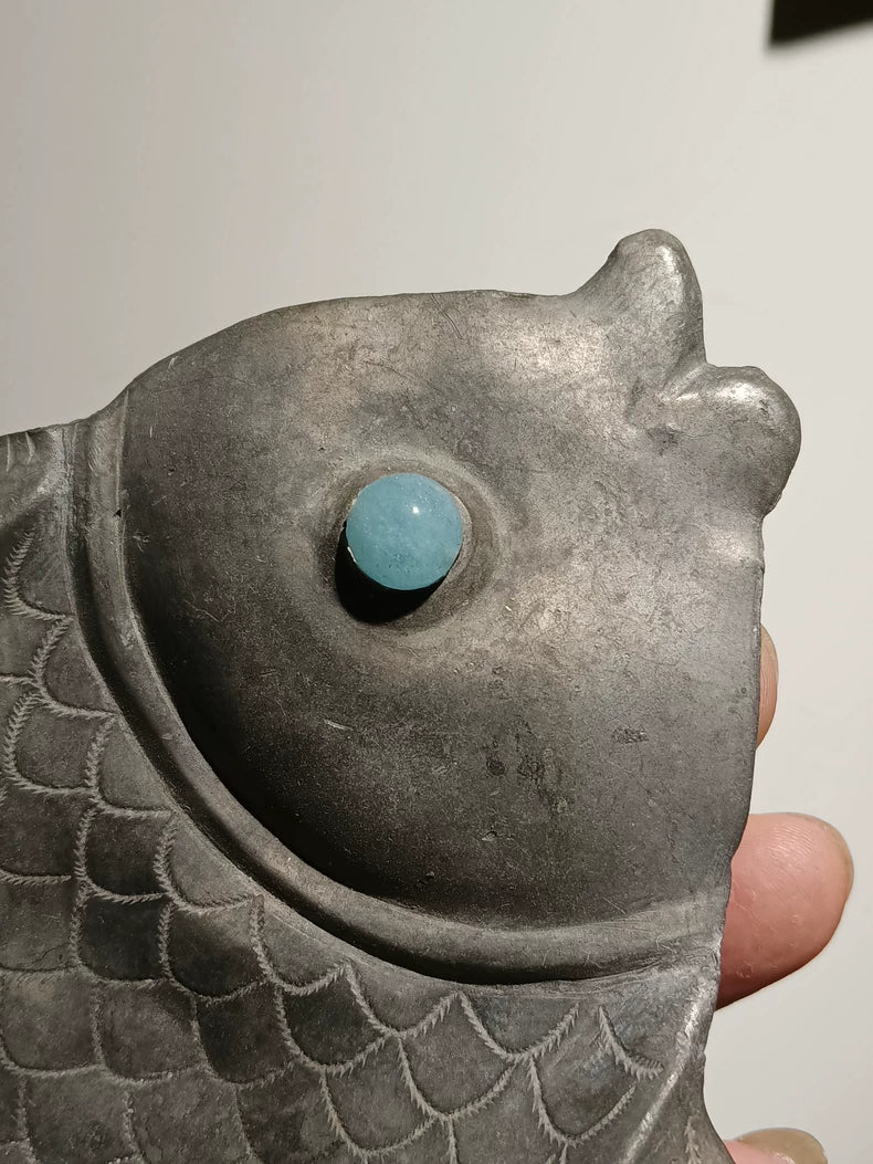 Vintage Pewter Fish-Shaped Pen Wiper with Blue Glass Bead – actual product photo 2