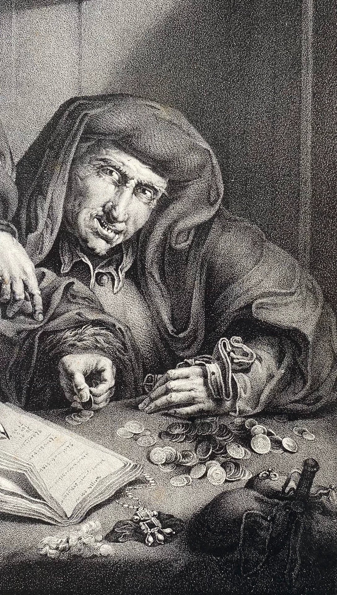 The Misers – Antique Lithographic Print after Quentin Matsys – actual item photograph 5