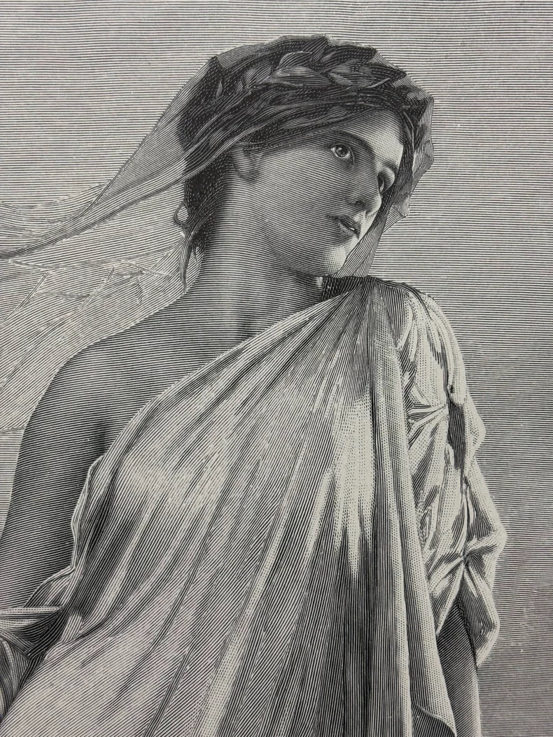 1893 German Wood Engraving of Sappho – 41 × 29 cm