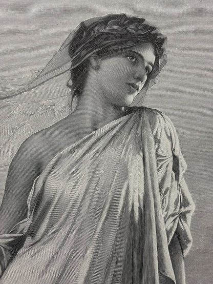1893 German Wood Engraving of Sappho – 41 × 29 cm