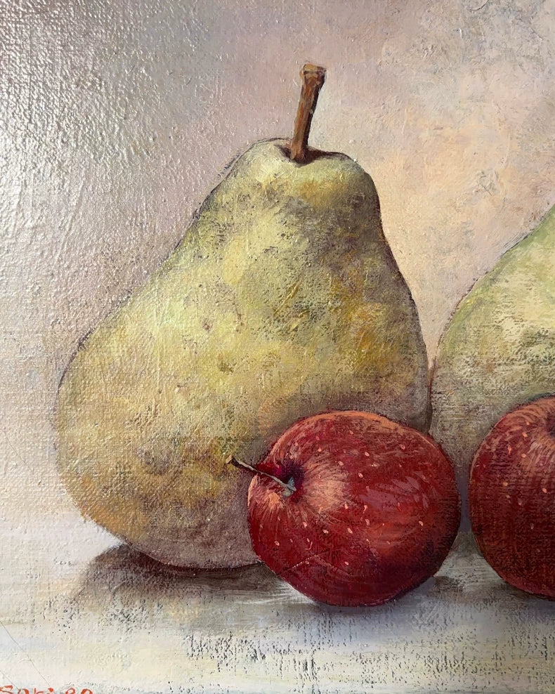 Japanese Vintage Still Life Oil Painting – Pears and Apples – 1989 – actual product photo 3