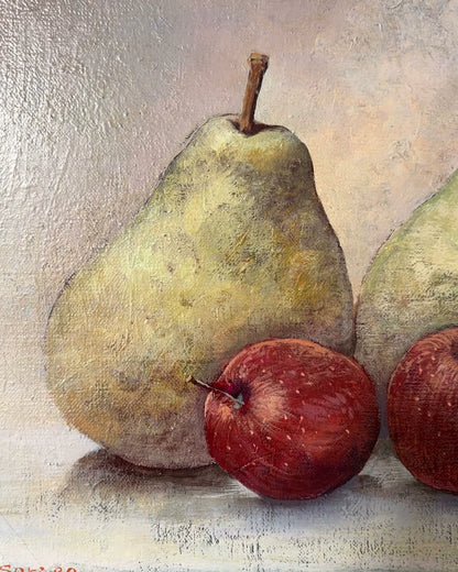 Japanese Vintage Still Life Oil Painting – Pears and Apples – 1989 – actual product photo 3