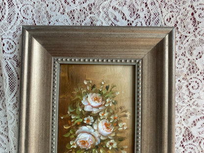 White Rose Bouquet – Framed Wood-Panel Painting