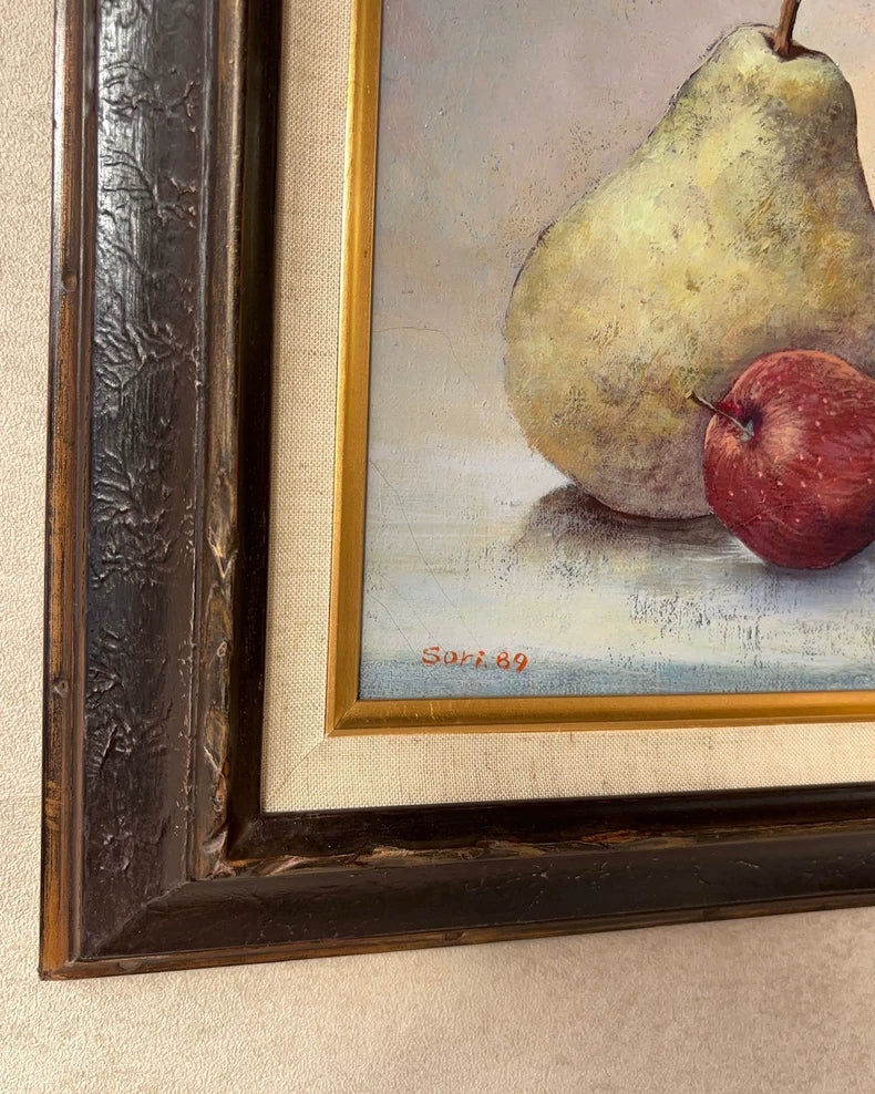 Japanese Vintage Still Life Oil Painting – Pears and Apples – 1989 – actual product photo 4