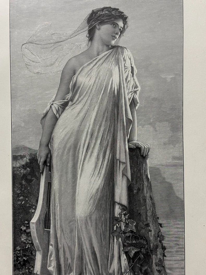 1893 German Wood Engraving of Sappho – 41 × 29 cm