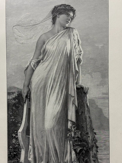 1893 German Wood Engraving of Sappho – 41 × 29 cm