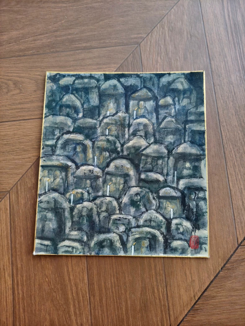 Original Cave Buddha Group Ink Painting on Card – 24 × 27 cm