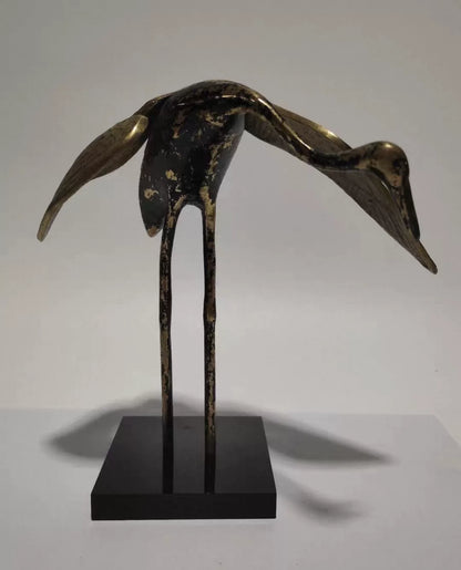 Vintage European Brass Crane Sculpture with Stand