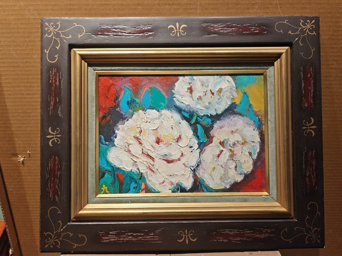 White Peonies – Framed Oil Painting