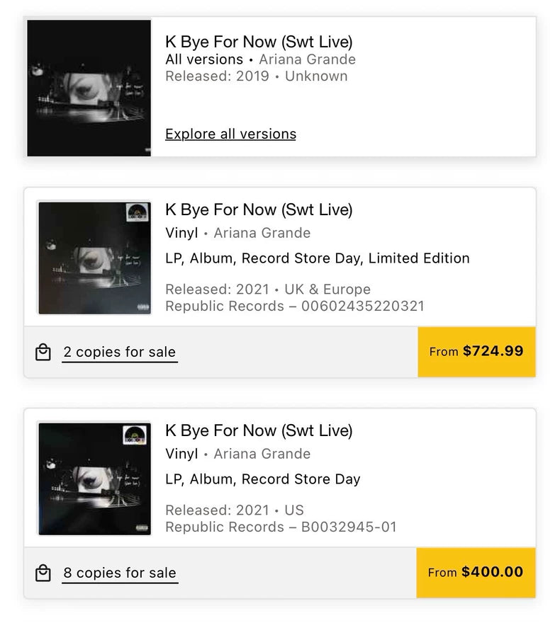 Ariana Grande – K Bye for Now (SWT Live) – European RSD 3LP – Sealed