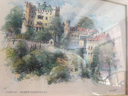 Signed Neuschwanstein Castle Watercolor Lithograph – c. 1980s