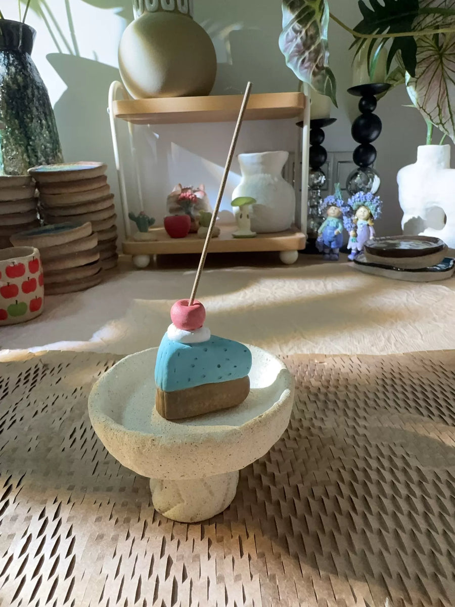 Pink Apple on Blue Base – Ceramic Incense Holder