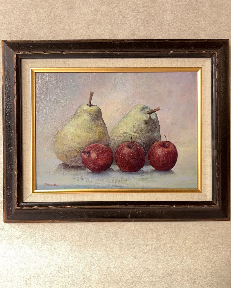 Japanese Vintage Still Life Oil Painting – Pears and Apples – 1989 – actual product photo 2