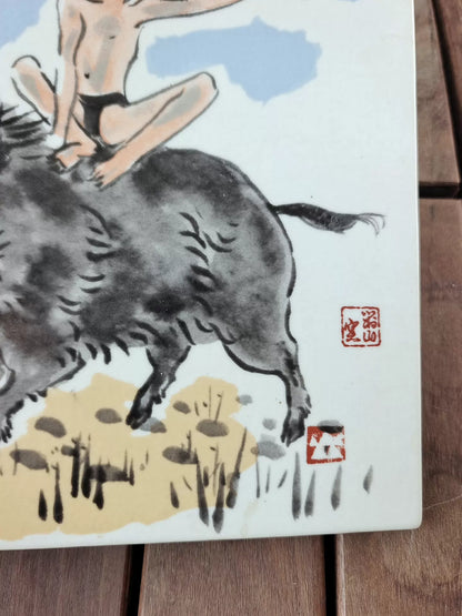 Japanese Ceramic Art Tile – Child Riding a Boar – detail 5