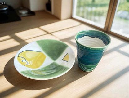 Japanese Studio Ceramic Cup and Saucer Set – Oribe Glaze — original seller image 2