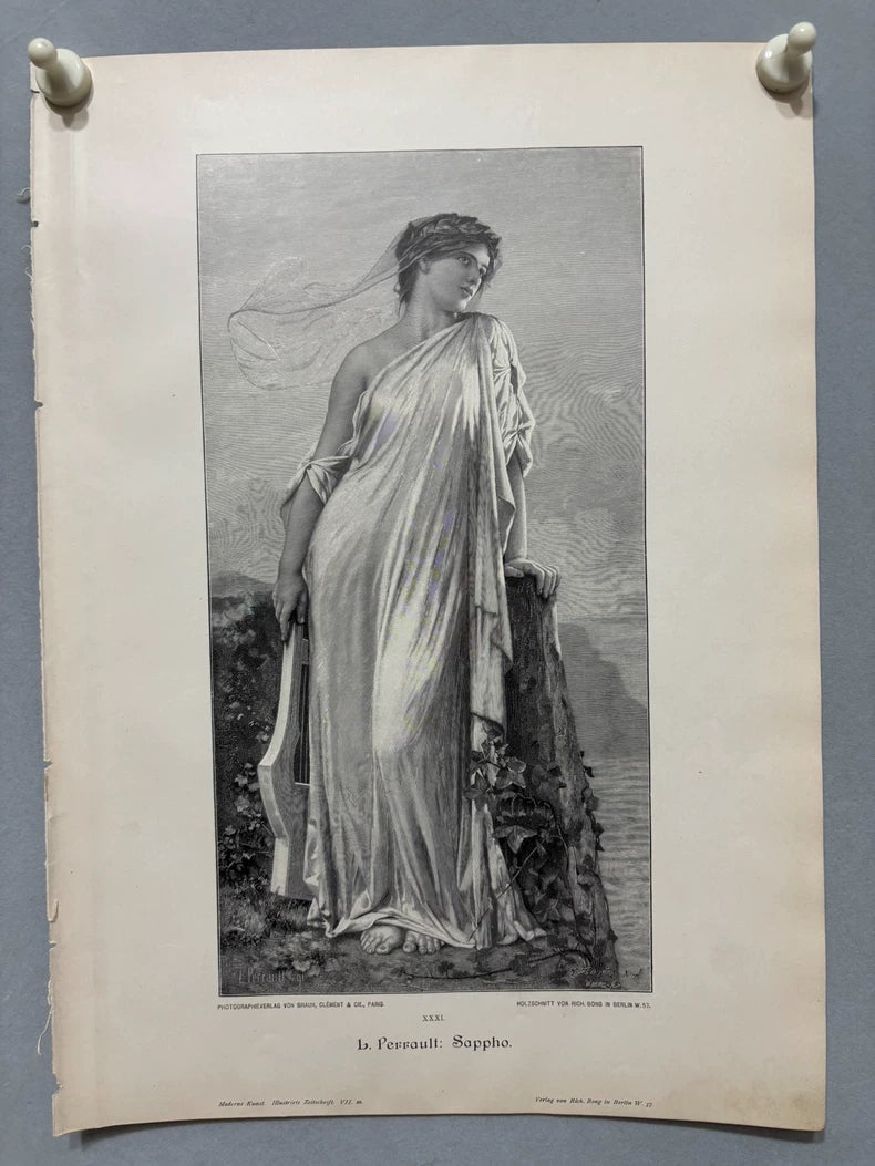 1893 German Wood Engraving of Sappho – 41 × 29 cm
