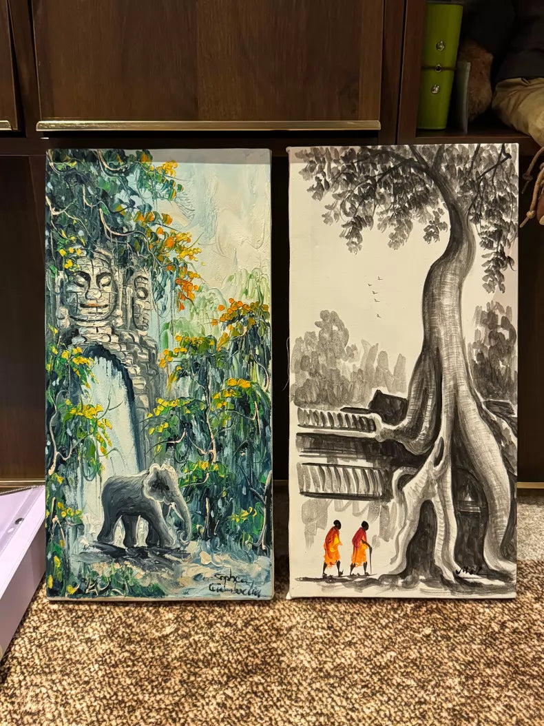 Signed Angkor Temple Landscape Painting Diptych