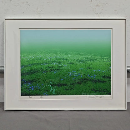 Green Meadow & Blue Flowers – Framed Japanese Landscape Print – actual item photograph 1
