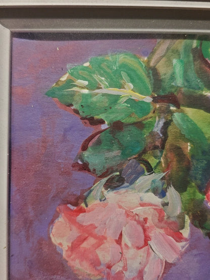 Pink Roses – Framed Oil Painting, Hiramatsu Inscription