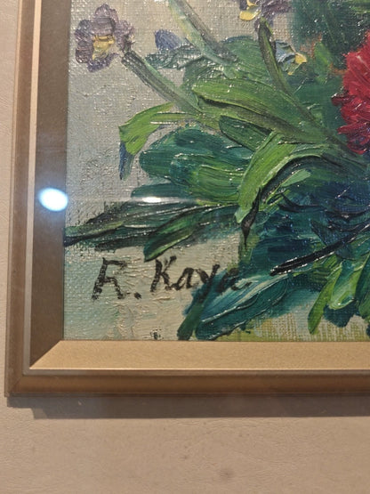 Signed Floral Painting – Wood and Glass Frame