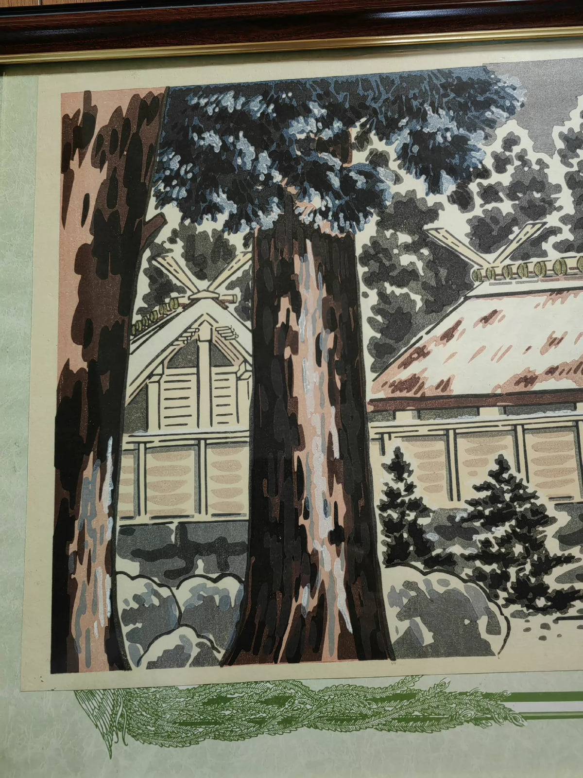 Tomikichiro Tokuriki – Shrine in Snow – Framed Japanese Woodblock Print – detail 2