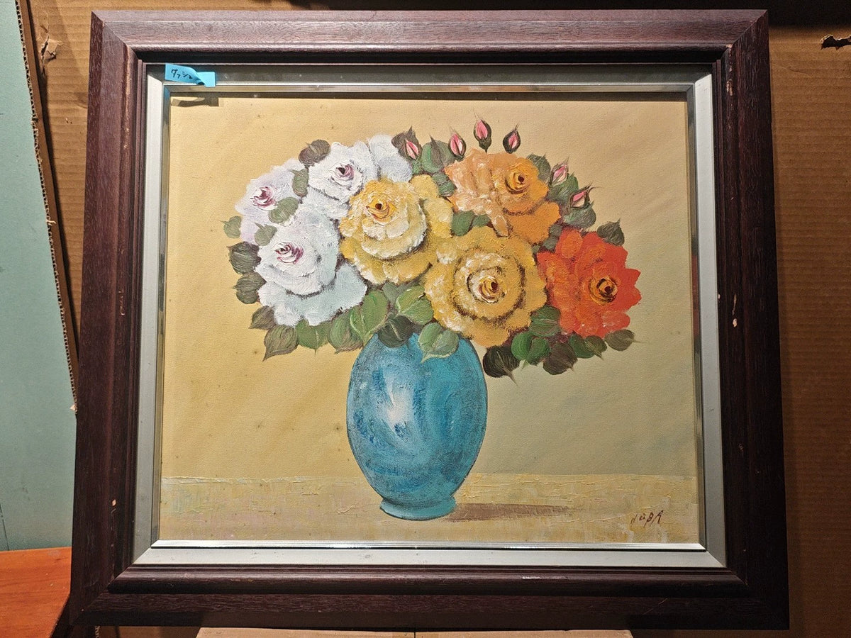Flowers in a Blue Vase – Large Framed Oil Painting