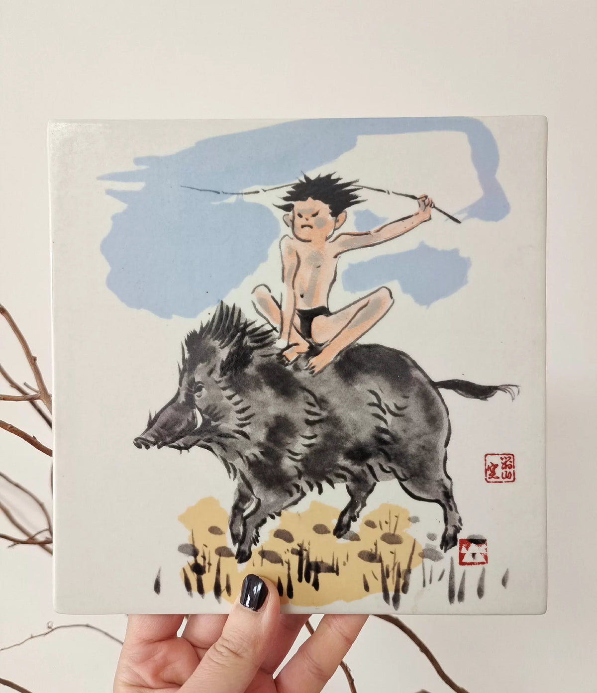 Japanese Ceramic Art Tile – Child Riding a Boar