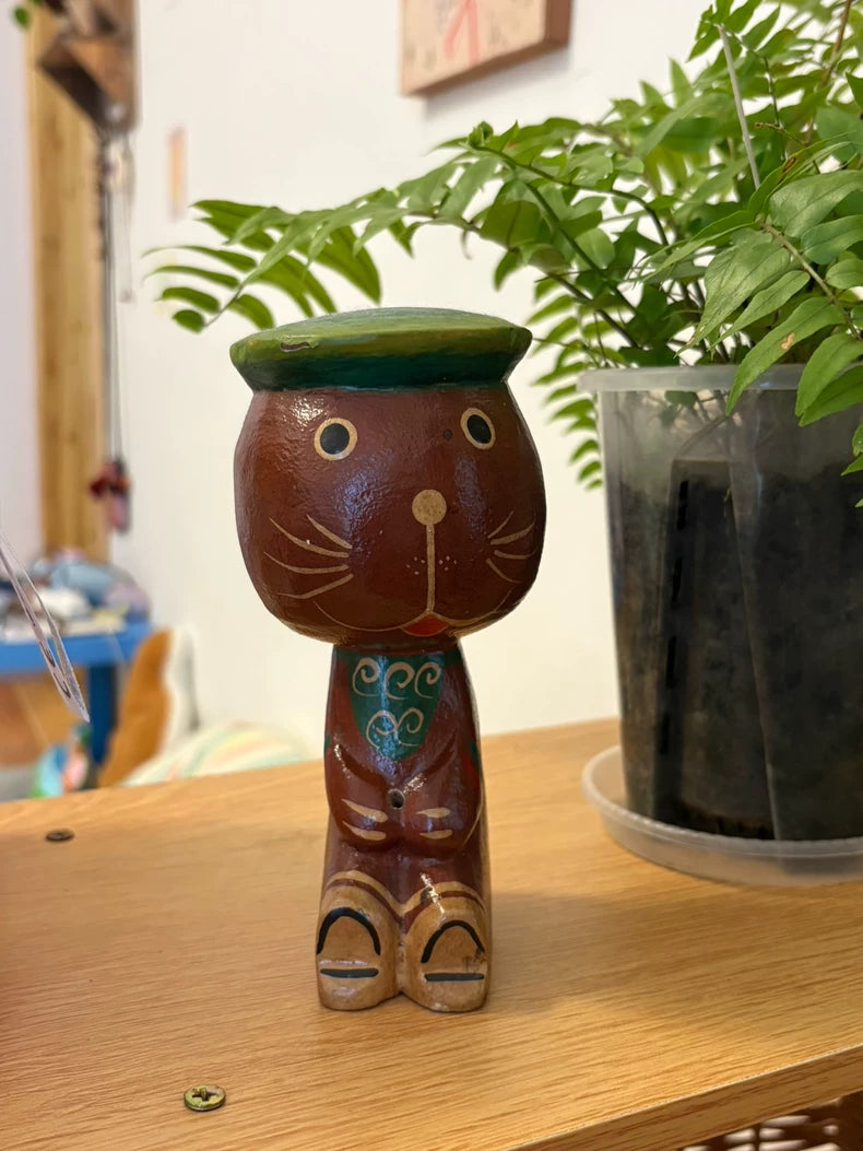Hand-Painted Wooden Cat Figurine with Green Hat
