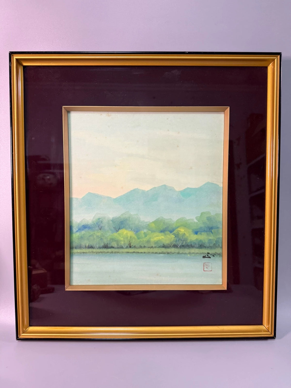 Lakeside Landscape – Japanese Print in Lacquered Wooden Frame – detail 2