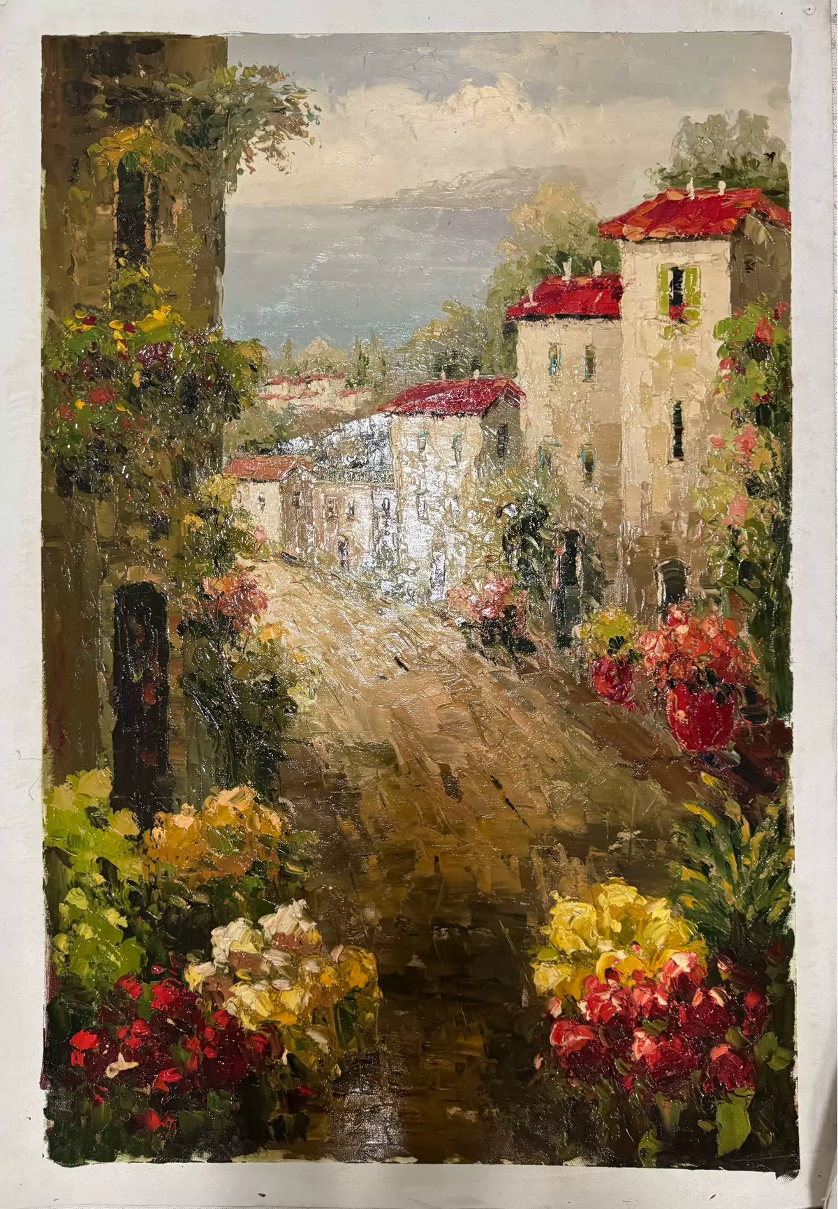 Flower-Lined Village Lane – Unframed Oil Painting