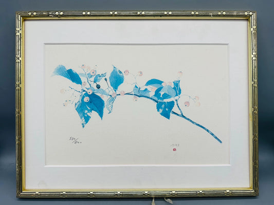 Two Framed Japanese Art Prints – Floral and Abstract Pair